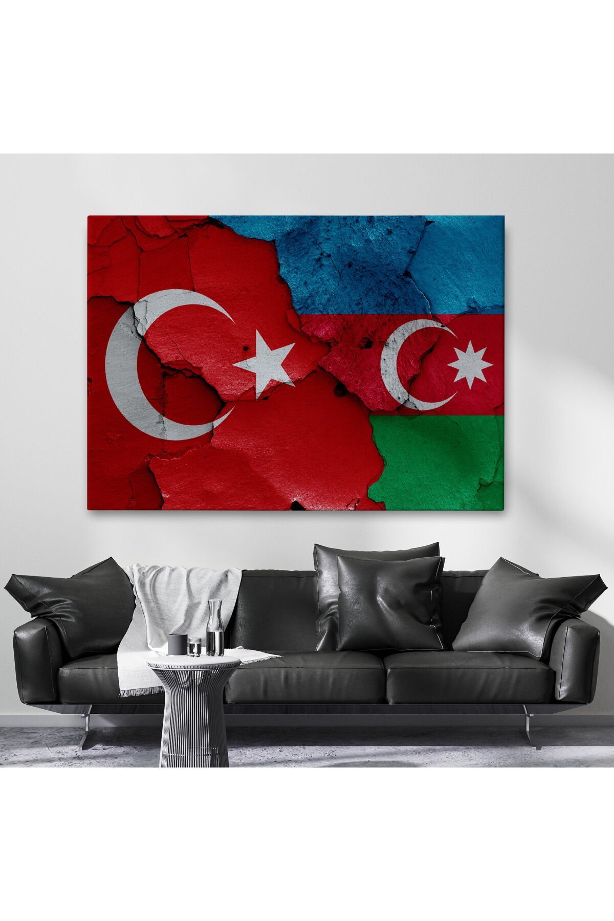 Türkiye Azerbaycan Bayrak Desenli Dekoratif Kanvas Tablo-6516