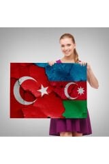 Türkiye Azerbaycan Bayrak Desenli Dekoratif Kanvas Tablo-6516