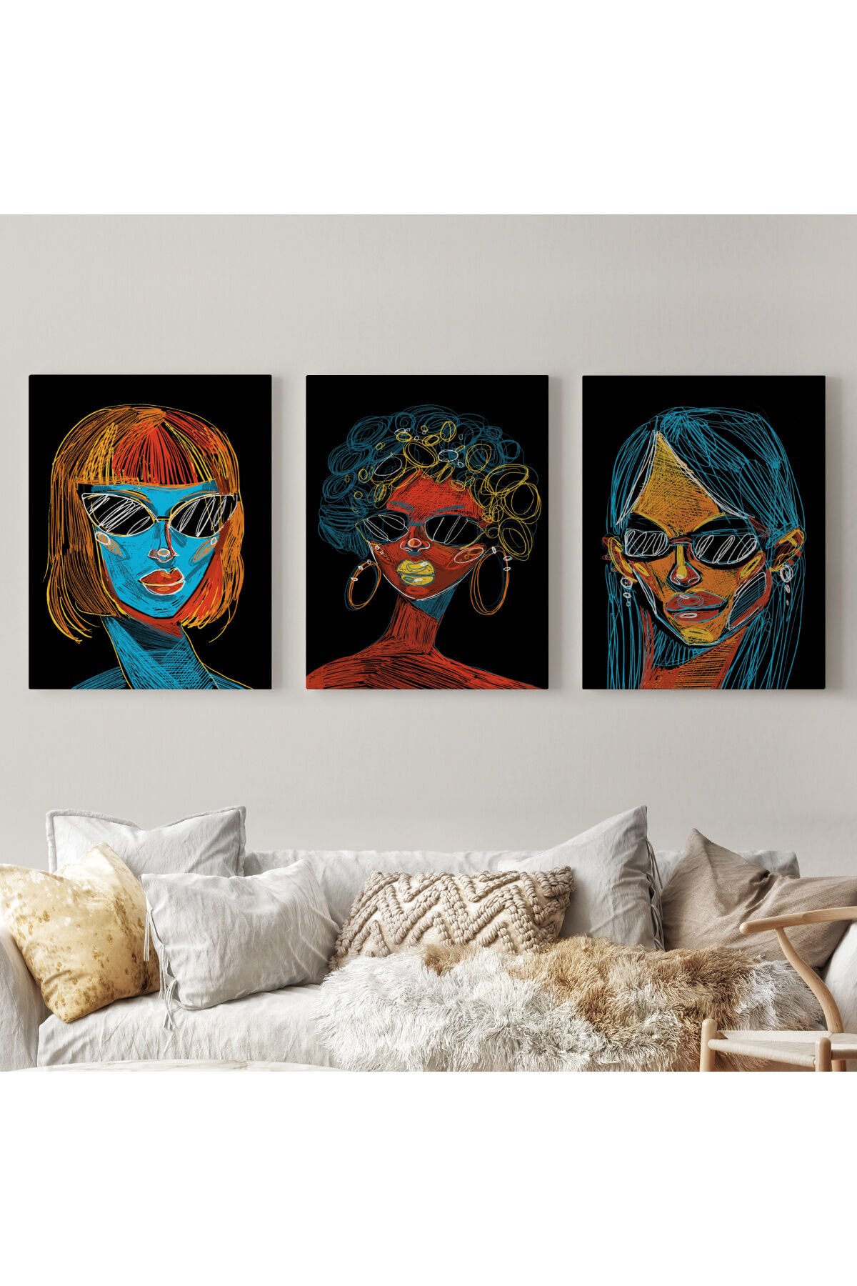 Renkli Pop Art Kadınlar Dekoratif Duvar Tablosu Üçlü Set-EU-120