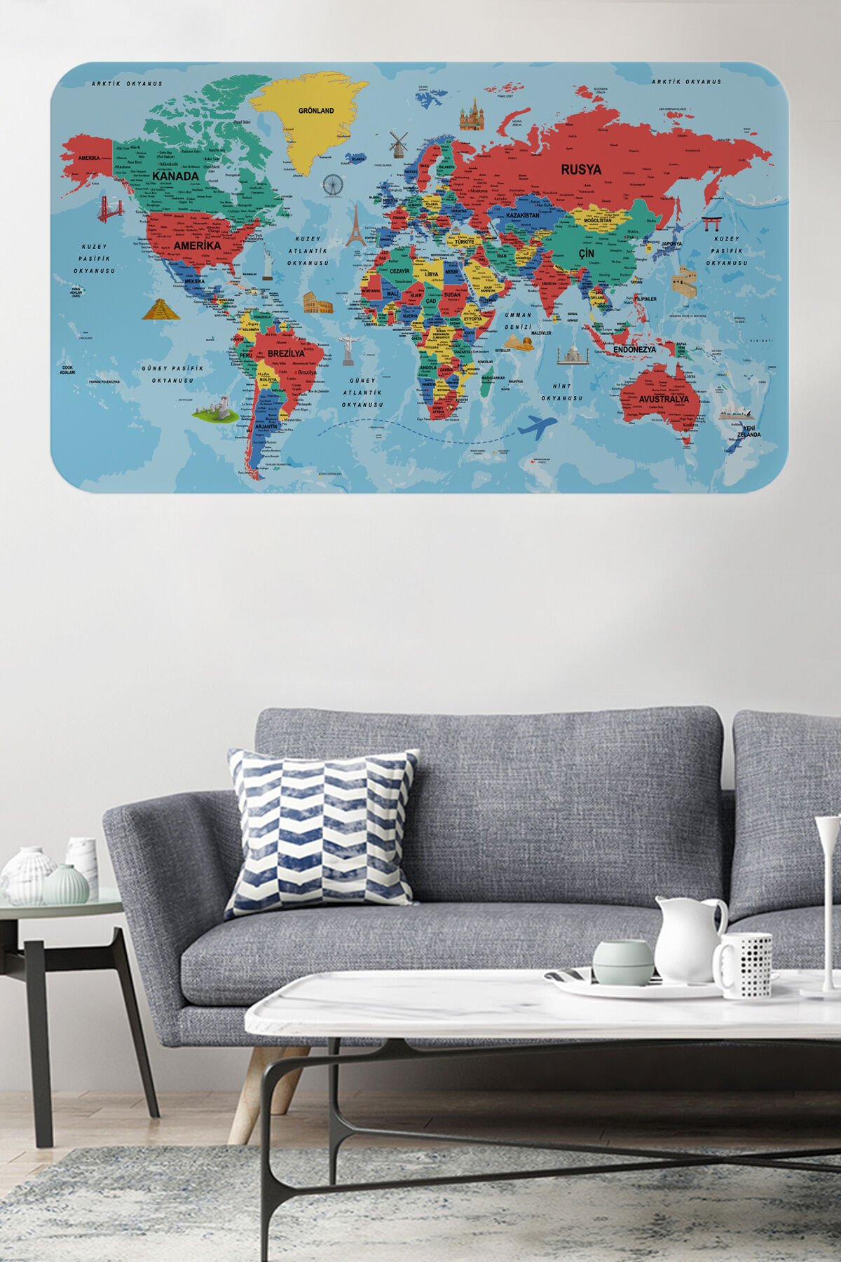 Türkçe Eğitici Ülke ve Başkent Okyanus Detaylı Atlası  Dünya Haritası Duvar Sticker -60x105-3863