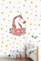 Çiçekli Unicorn Duvar Sticker